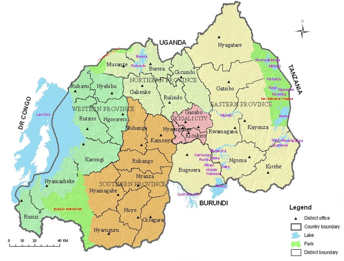 mapa de Rwanda amb els districtes i sectors