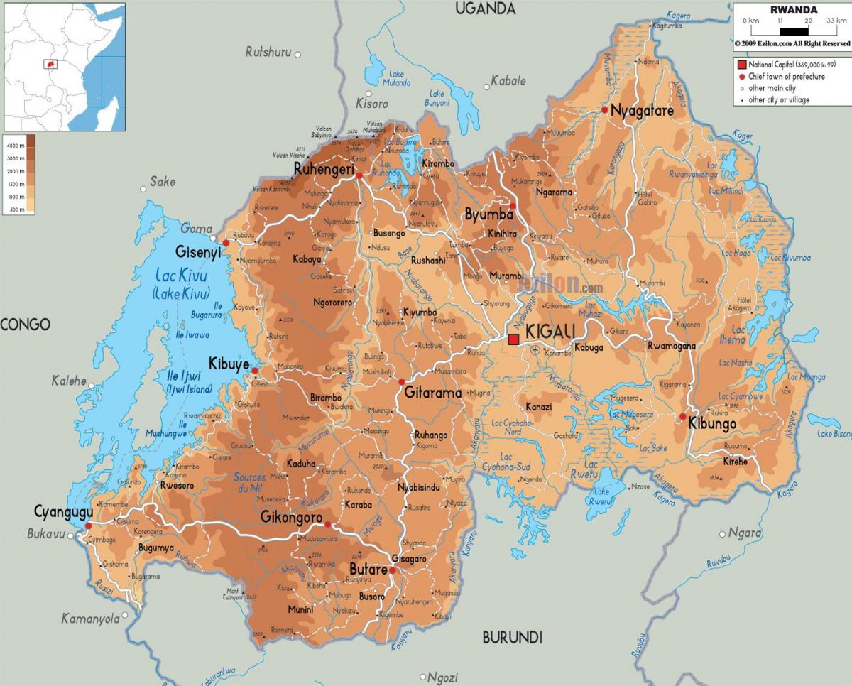mapa de mapa físic de Rwanda